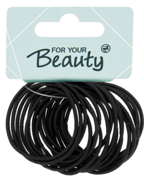 Czarne cienkie gumki do włosów na niebieskiej tekturowej zawieszce "FOR YOUR Beauty", widok z przodu.