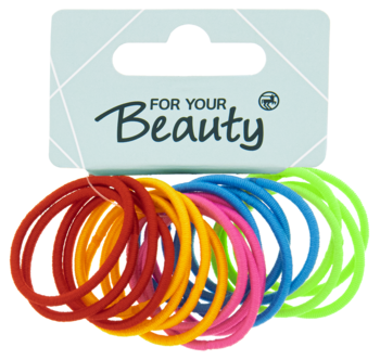 Zestaw wielokolorowych gumek do włosów w odcieniach czerwieni, żółci, różu, błękitu i zieleni, na etykiecie For Your Beauty.