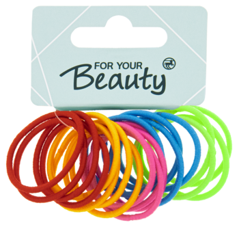 Zestaw wielokolorowych gumek do włosów w odcieniach czerwieni, żółci, różu, błękitu i zieleni, na etykiecie For Your Beauty.