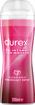 Różowa butelka Durex Play Massage 2w1 żelu intymnego z guaraną, 200ml, widok frontalny.