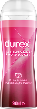 Różowa butelka Durex Play Massage 2w1 żelu intymnego z guaraną, 200ml, widok frontalny.