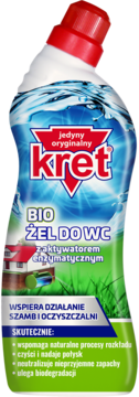 Biała butelka Kret Bio Żel do WC z czerwoną nakrętką, etykieta z motywami wody i trawy, widok z przodu.
