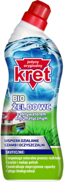 Biała butelka Kret Bio Żel do WC z czerwoną nakrętką, etykieta z motywami wody i trawy, widok z przodu.