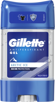 Gillette Arctic Ice antyperspirant w żelu w niebiesko-przezroczystym opakowaniu, widok z przodu.