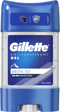 Gillette Antiperspirant GEL Arctic Ice, niebiesko-przezroczysty sztyft z kroplami wody, widok z przodu.