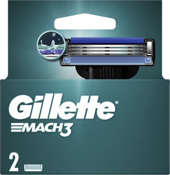 Opakowanie Gillette Mach3, 2 wkłady z 3 ostrzami, widok z przodu. Zielono-niebieskie, z grafiką ostrza i logo.