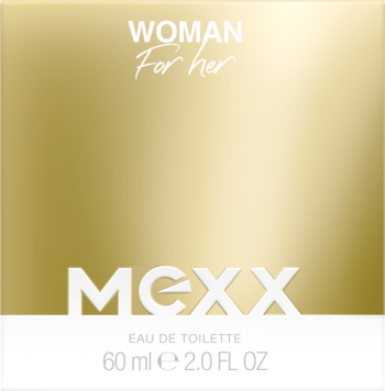 Złoto-białe opakowanie Mexx Woman Eau de Toilette 60 ml, widok z przodu, z napisem WOMAN For her.