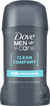 Ciemnoszary męski antyperspirant w sztyfcie Dove Men+Care Clean Comfort 48h, widok z przodu, z niebieskimi akcentami.