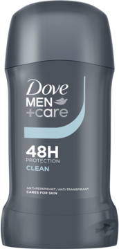 Ciemnoszary antyperspirant w sztyfcie Dove MEN+CARE Clean 48h, widok z przodu. Zawiera '48H PROTECTION'.