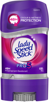 Lady Speed Stick Pro 5 Gel Antiperspirant-Deodorant w fioletowo-srebrnym opakowaniu, przód, 48H ochrony.