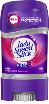 Lady Speed Stick Pro 5 Gel Antiperspirant-Deodorant w fioletowo-srebrnym opakowaniu, przód, 48H ochrony.