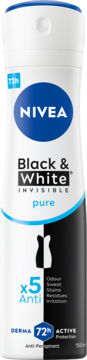 NIVEA Black & White Invisible Pure Antyperspirant, biała butelka z czarno-białym wzorem, 72h ochrony, widok z przodu.