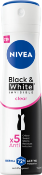 NIVEA Black & White Clear antyperspirant w sprayu 150ml, biała butelka z czarno-różowym dołem, widok przód.