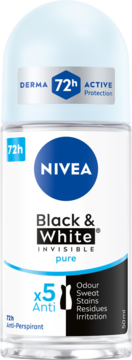 NIVEA Black & White Pure antyperspirant roll-on 50ml, biała butelka, niebieskie logo, 72h ochrona.