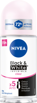 Przezroczysty roll-on NIVEA Black & White Clear, 72h ochrona, 5x Anti-Perspirant, 50ml, widok z przodu.