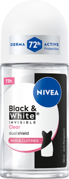 NIVEA Black & White Invisible Clear, 72h ochrona, 50ml. Przezroczysty roll-on z białą nakrętką, widok z przodu.