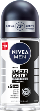NIVEA MEN Black & White Invisible Original antyperspirant roll-on 50ml, 72h ochrona 5w1, widok z przodu.