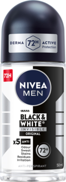 NIVEA MEN Black & White Invisible Original antyperspirant roll-on 50ml, 72h ochrona 5w1, widok z przodu.