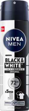 NIVEA MEN Black & White Invisible Original antyperspirant spray, biało-czarna butelka 72h ochrona, widok z przodu.