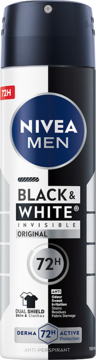 NIVEA MEN Black & White Original 72h Antyperspirant w sprayu, czarno-biała puszka, matowe wykończenie, widok frontalny.