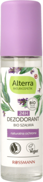 Alterra 24H Dezodorant Bio Szałwia, przezroczysta butelka z fioletową zakrętką i liśćmi szałwii, widok z przodu.