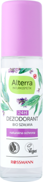 Alterra Dezodorant roll-on Bio Szałwia 24H, przezroczysta butelka z fioletową nakrętką i roślinnym wzorem, przód.