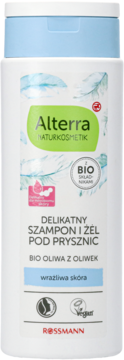 Alterra Naturkosmetik Szampon i Żel pod Prysznic z Bio Oliwa z Oliwek do skóry wrażliwej, biała butelka.
