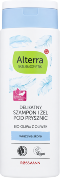 Alterra Delikatny szampon i żel pod prysznic z BIO oliwą do skóry wrażliwej, biała butelka, widok z przodu.