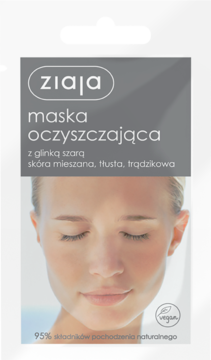 Ziaja maska oczyszczająca z glinką szarą w szaro-białej saszetce z wizerunkiem kobiety, dla cery tłustej i trądzikowej.