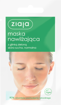 Ziaja maska nawilżająca z glinką zieloną, do skóry suchej i normalnej, zielono-biała saszetka z twarzą kobiety.