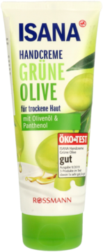 Isana Krem do rąk Grüne Olive do skóry suchej, jasnozielona tuba z oliwkami i pantenolem, widok z przodu.