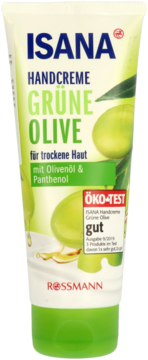 Isana Krem do rąk Grüne Olive do skóry suchej, jasnozielona tuba z oliwkami i pantenolem, widok z przodu.