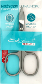 Nożyczki do paznokci Ewa Schmidt PROCARE+ z mikroząbkami, ze stali, w niebiesko-białym opakowaniu, widok z przodu.
