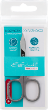 Nożyczki do paznokci Ewa Schmitt PROCARE+ z mikroząbkami, z szarymi uchwytami, w przezroczystym opakowaniu.