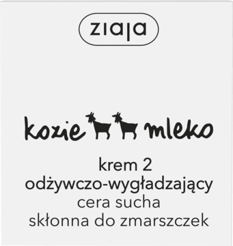Ziaja Kozie Mleko krem 2 odżywczo-wygładzający, front opakowania, dla suchej cery, z logo kóz.