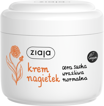 Biały krem Ziaja Nagietek do cery suchej/wrażliwej w słoiczku, z pomarańczowym nagietkiem i logo Vegan, widok z przodu.