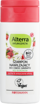 Biała butelka szamponu Alterra Naturkosmetik, z czerwoną nakrętką. Etykieta z granatami, Alterra nawilżający, front.