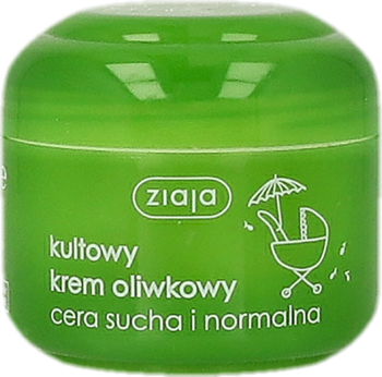 Zielony słoik Ziaja kultowy krem oliwkowy, cera sucha i normalna, z ilustracją wózka, widok z przodu.
