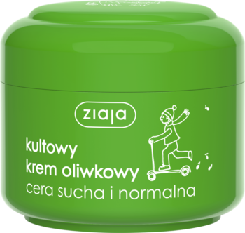 Zielony słoik Ziaja Kultowy Krem Oliwkowy do skóry suchej i normalnej, z rysunkiem dziecka na hulajnodze, widok z przodu.