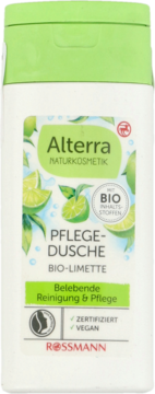 Alterra żel pod prysznic LIMONKA BIO w białej butelce z zieloną etykietą, widok z przodu.
