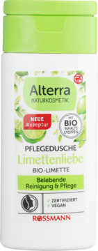 Alterra Pielęgnacyjny żel pod prysznic Limonka Bio, wegański, biała butelka z zieloną nakrętką, przód.