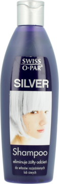 Fioletowy szampon Swiss O-Par Silver do włosów siwych, widok z przodu. Butelka z srebrną nakrętką.