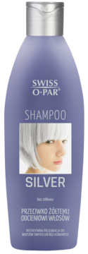 Swiss O-Par Silver Shampoo, fioletowa butelka, modelka. Usuwa żółty odcień siwych lub rozjaśnianych włosów.