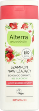Front biała butelka Alterra Szampon Nawilżający z bio granatem, dla włosów suchych i zniszczonych. Różowa nakrętka.