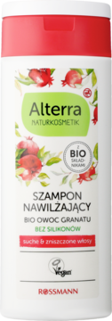 Biała butelka szamponu Alterra nawilżającego z bio granatem, czerwona nakrętka, widok z przodu. Bez silikonów.