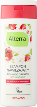 Alterra Szampon Nawilżający z granatem bez silikonów, do włosów suchych. Biała butelka z czerwoną nakrętką, widok z przodu.