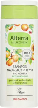Szampon Alterra Morela BIO do włosów matowych, 200 ml, w białej butelce z zieloną nakrętką, widok z przodu.