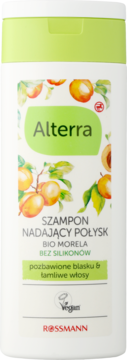 Alterra Szampon BIO Morela nadający połysk, bez silikonów, na matowe i łamliwe włosy. Biała butelka z zieloną nakrętką.