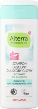 Biała butelka szamponu Alterra Bio Owies, balansującego do skóry głowy. pH neutralny, bez silikonów.