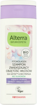 Biały szampon Alterra Fitokolagen Zwiększający Objętość Włosów, z lawendową nakrętką, widok z przodu.